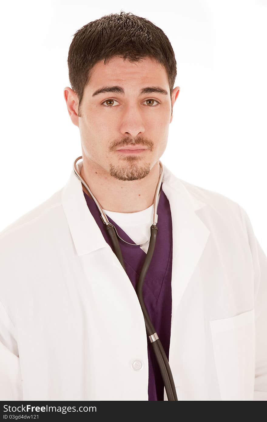 A portrait of a doctor in a lab coat with a serious expression. A portrait of a doctor in a lab coat with a serious expression.