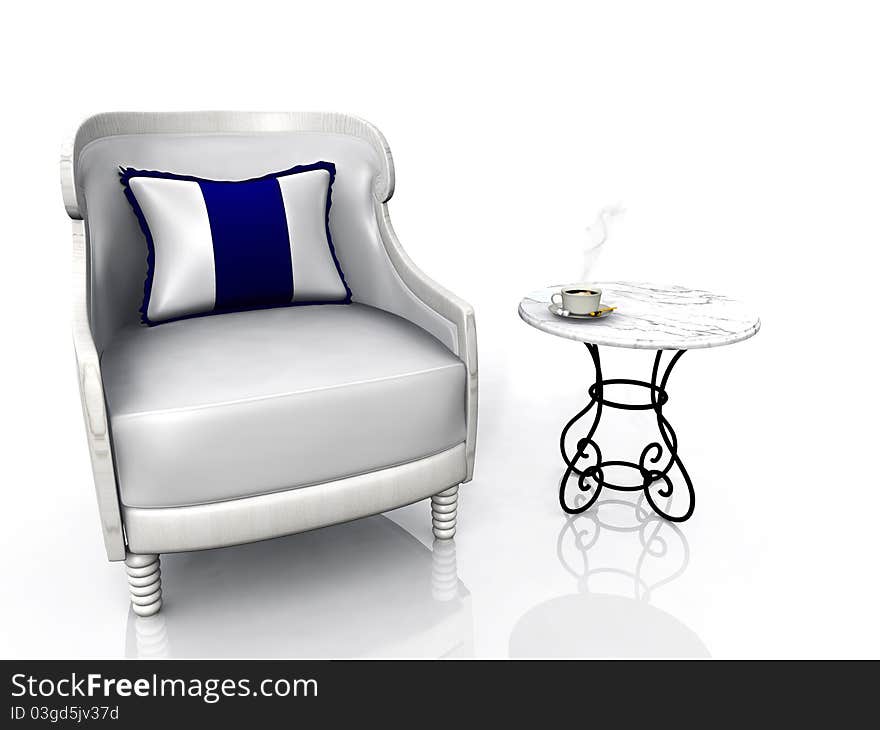 Time for coffee! A cosy armchair with a table beside it. On the table there is a cup of hot steaming coffee. White background. Time for coffee! A cosy armchair with a table beside it. On the table there is a cup of hot steaming coffee. White background.