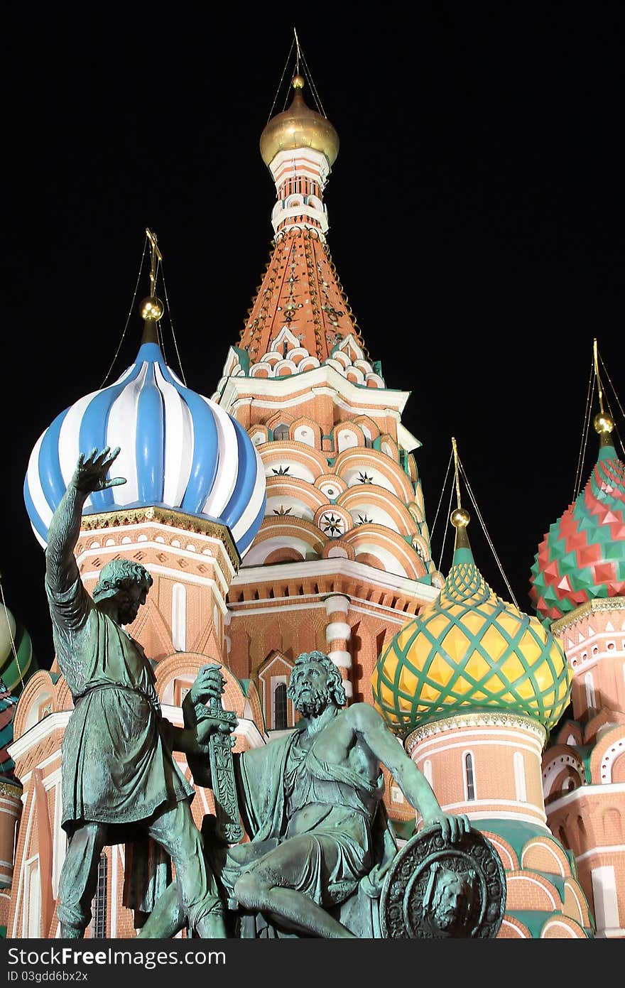 Minin and Pozarsky monument in the dark night on the Saint Basil's Cathedral background