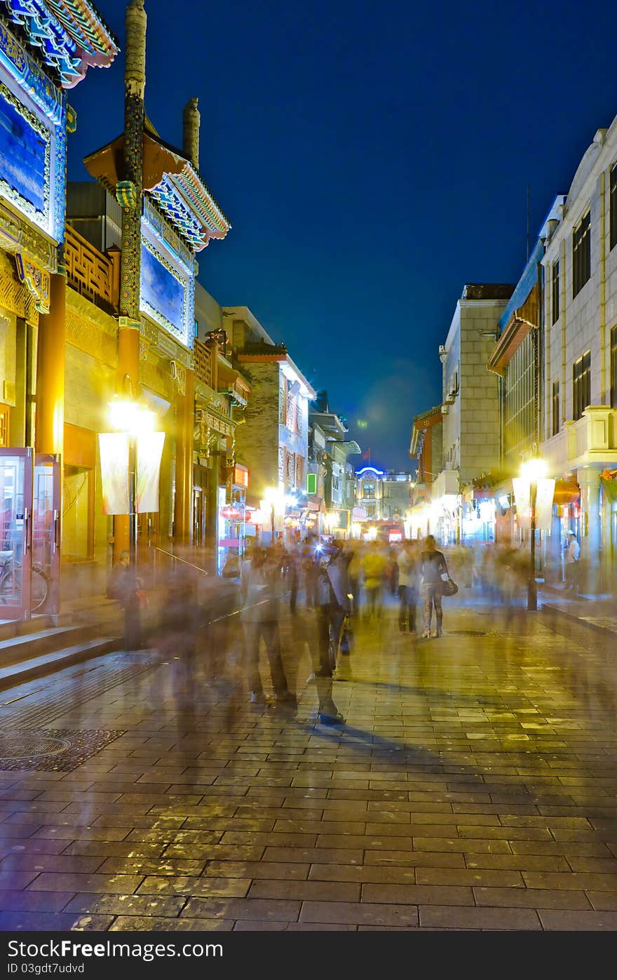 Night view of the alley on both sides of shops in Beijing,China