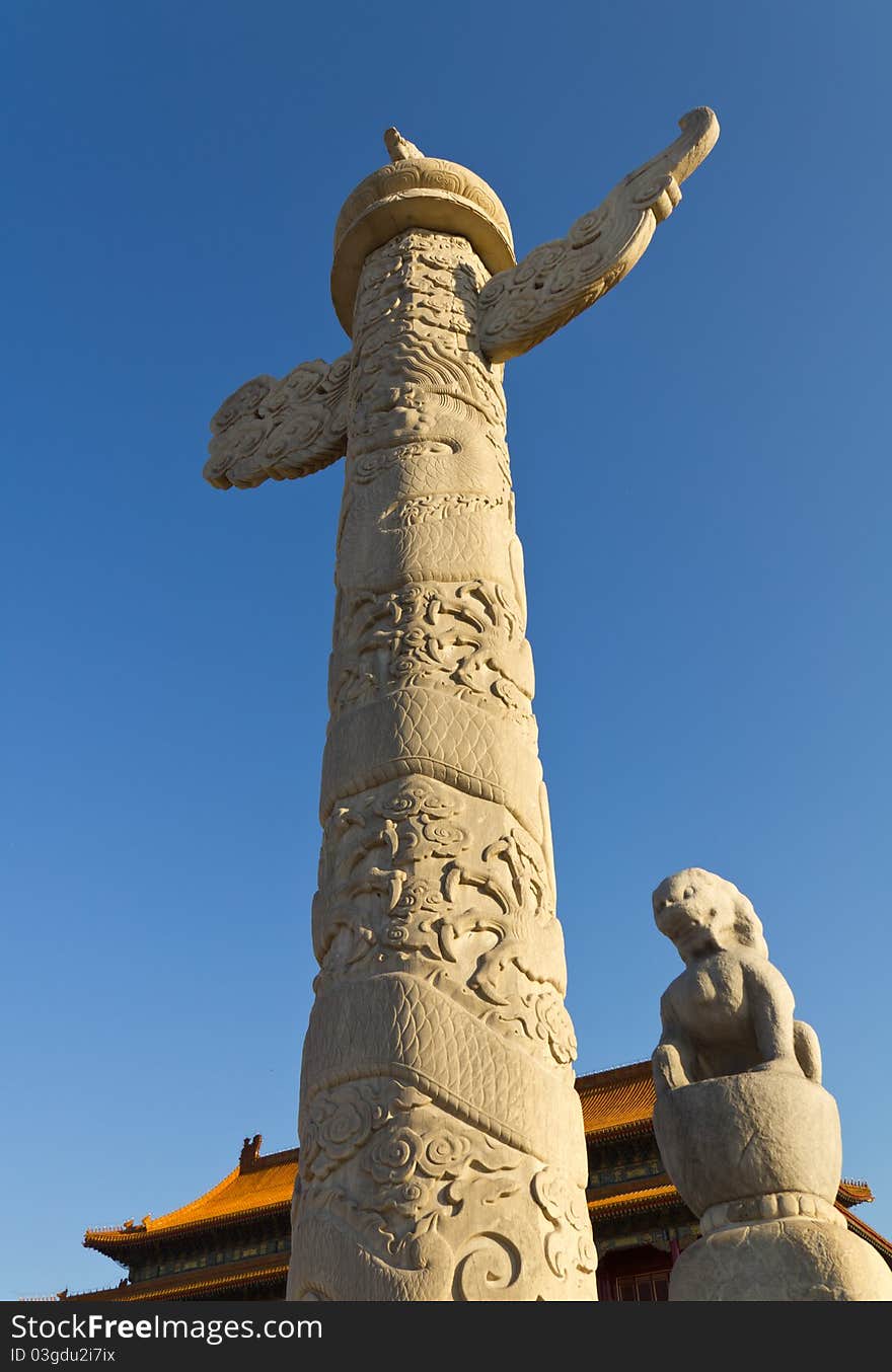 In traditional Chinese architecture, a Huabiao is a type of ceremonial columns. Huabiaos are traditionally erected in front of palaces and tombs. The prominence of their placement have made them one of the emblems of traditional Chinese culture. In traditional Chinese architecture, a Huabiao is a type of ceremonial columns. Huabiaos are traditionally erected in front of palaces and tombs. The prominence of their placement have made them one of the emblems of traditional Chinese culture.