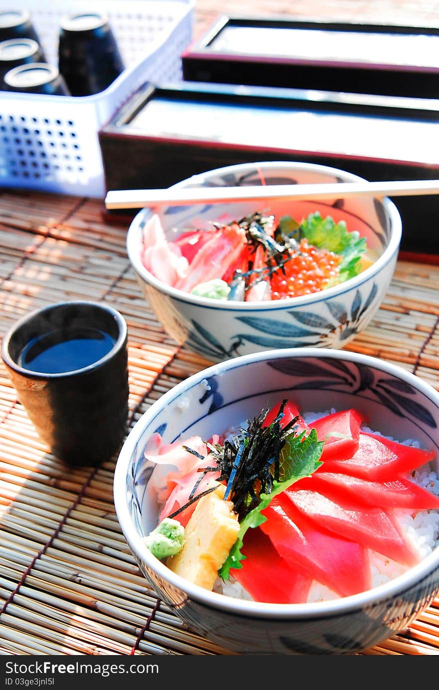 Japanese food rice with fish and green tea