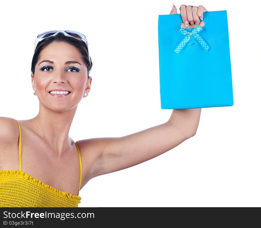 Women with surprise-shopping bags ,isolated on white. Women with surprise-shopping bags ,isolated on white