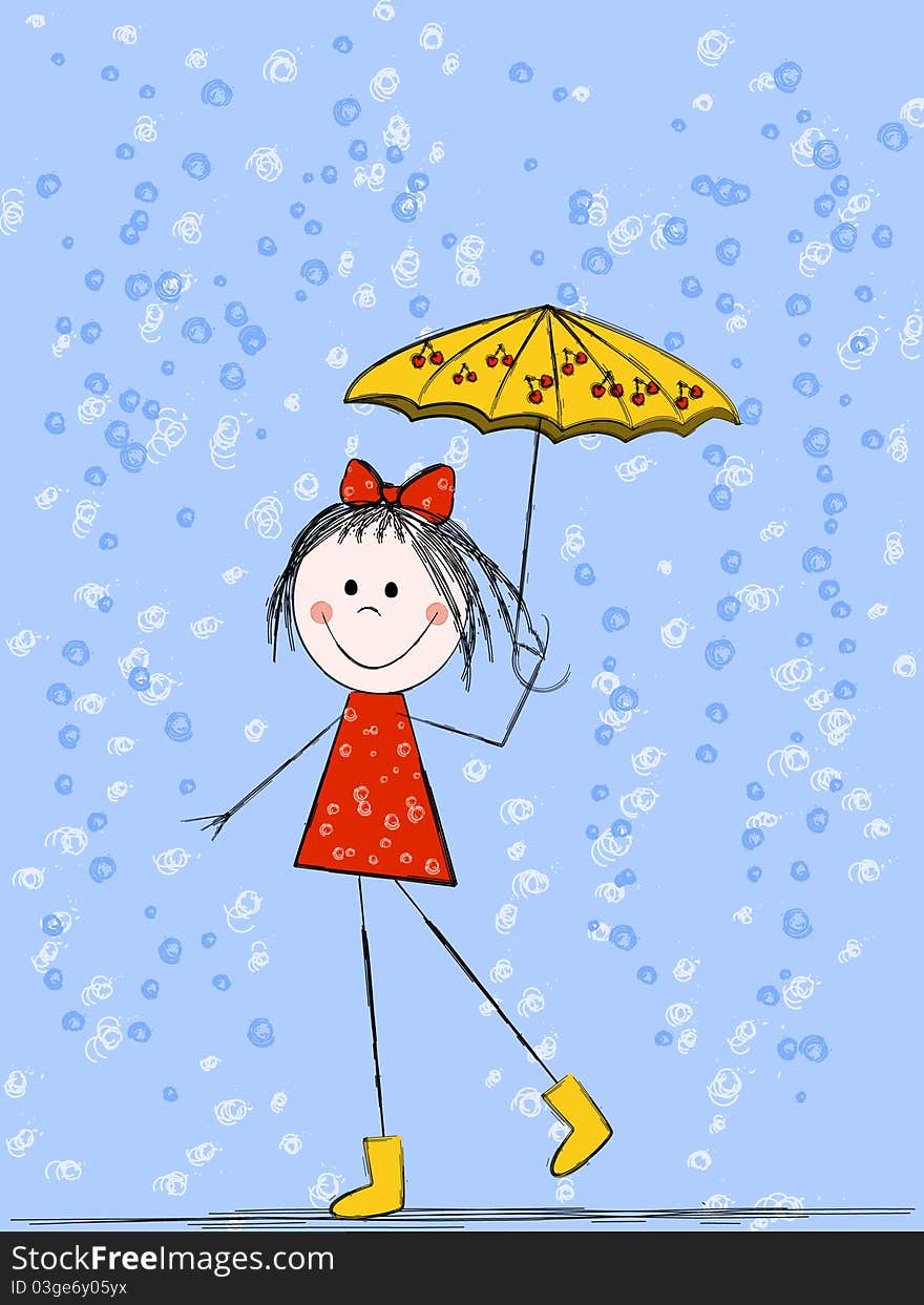 Happy girl with an umbrella, walking in the rain. Happy girl with an umbrella, walking in the rain