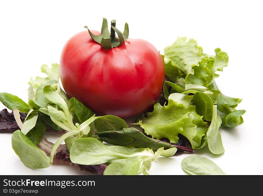 Tomato onto lettuce leaf