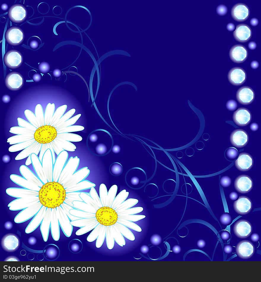 Blue card with daisies and shining gems. Blue card with daisies and shining gems