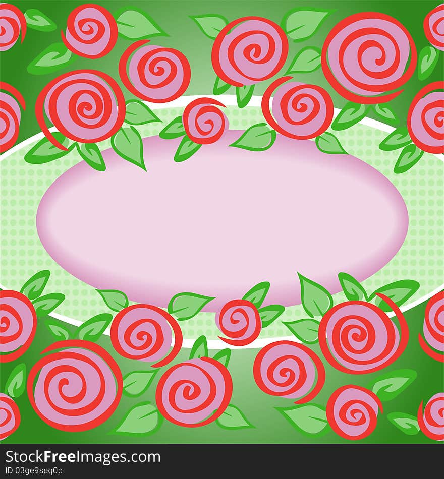 Purple oval frame on a green background framed by roses