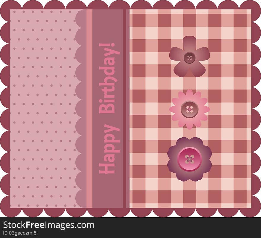 Violet checkered and dotted birthday card with flowers and text