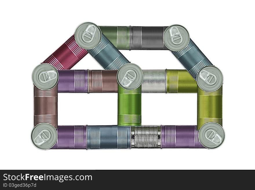 House made of metal cans for recycling , isolated on white background