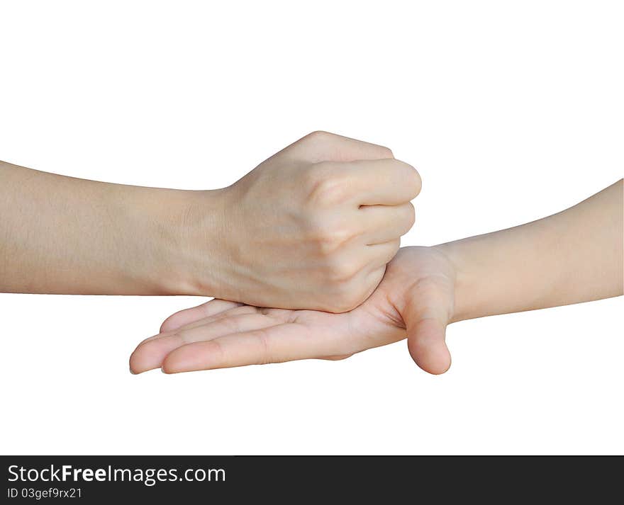 Woman trusting hands, isolated on white background