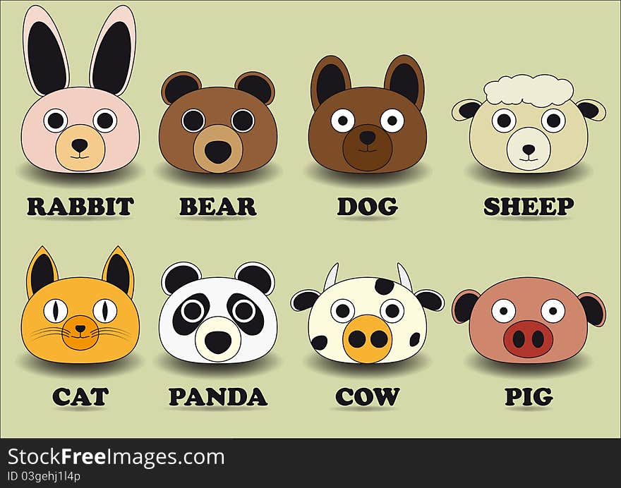 Set color animal face icons. Set color animal face icons