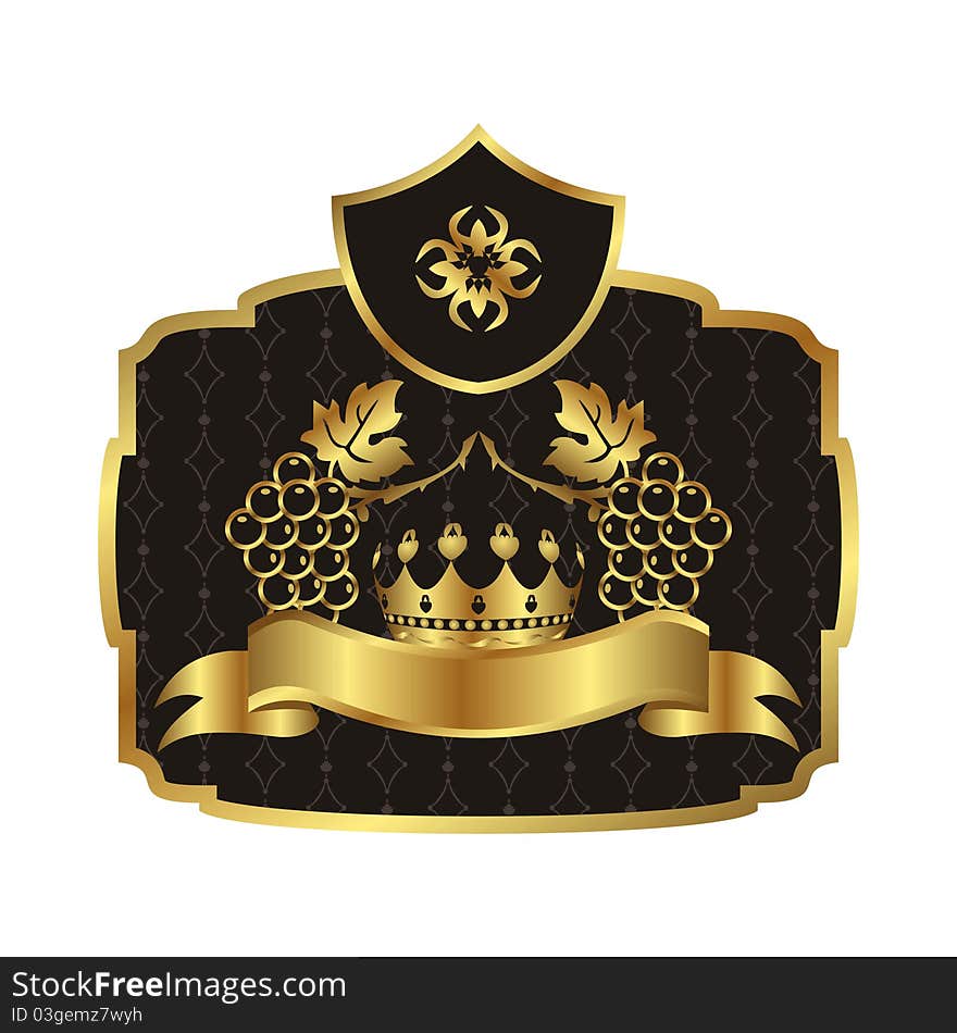 Illustration gold label with grapevine with crown - vector