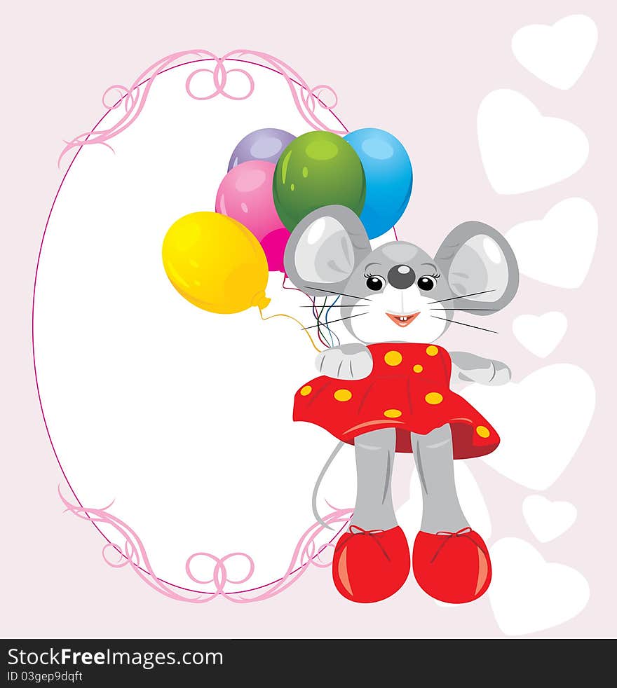 Mouse toy with colorful balloons. Greeting card. Illustration