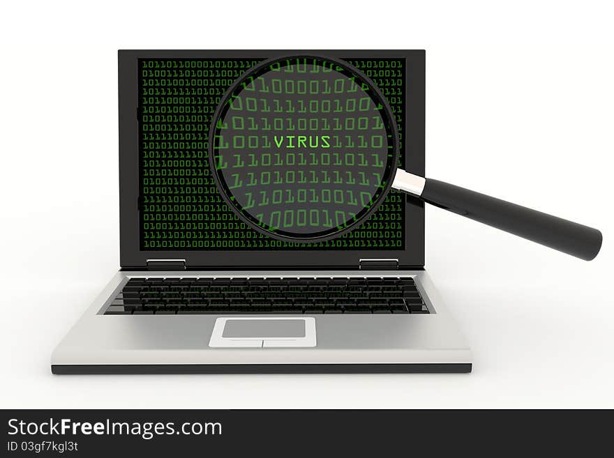 Laptop with a magnifying glass and VIRUS word on the screen. 3D render image. Laptop with a magnifying glass and VIRUS word on the screen. 3D render image.