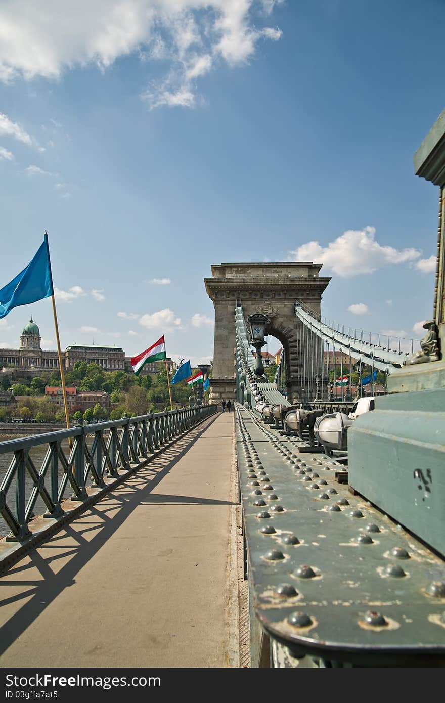 View on the Chain Bridge across the Danube in Budapest, Hungary