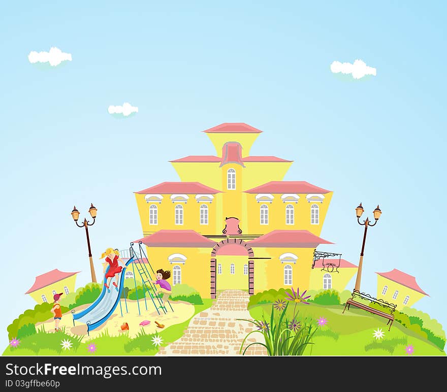 Courtyard with cartoonish house and children playing. Courtyard with cartoonish house and children playing