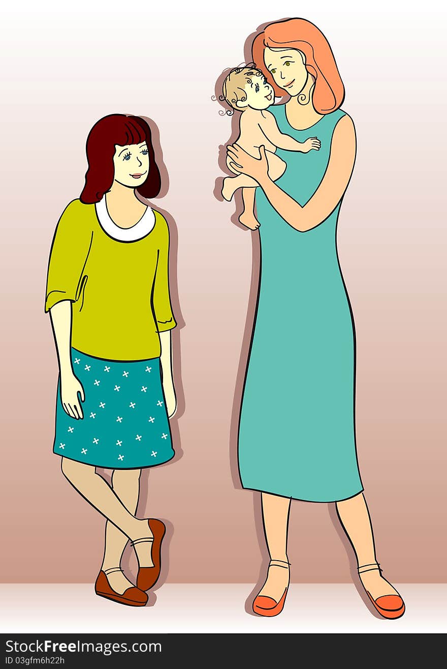 Mother, daughter and baby, stylized drawing. Mother, daughter and baby, stylized drawing