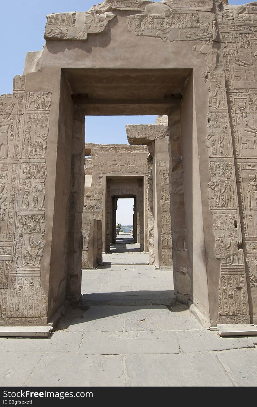 Egyptian hieroglyphic carvings on a wall at the Temple of Kom Ombo. Egyptian hieroglyphic carvings on a wall at the Temple of Kom Ombo