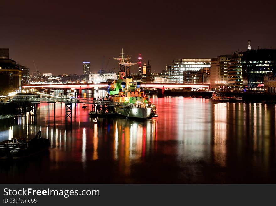 HMS Belfast at night