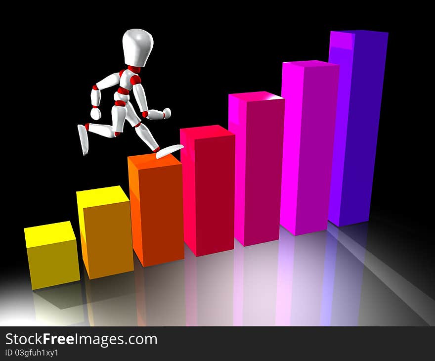 Illustration of mannequin of white color going up steps of colors. Illustration of mannequin of white color going up steps of colors