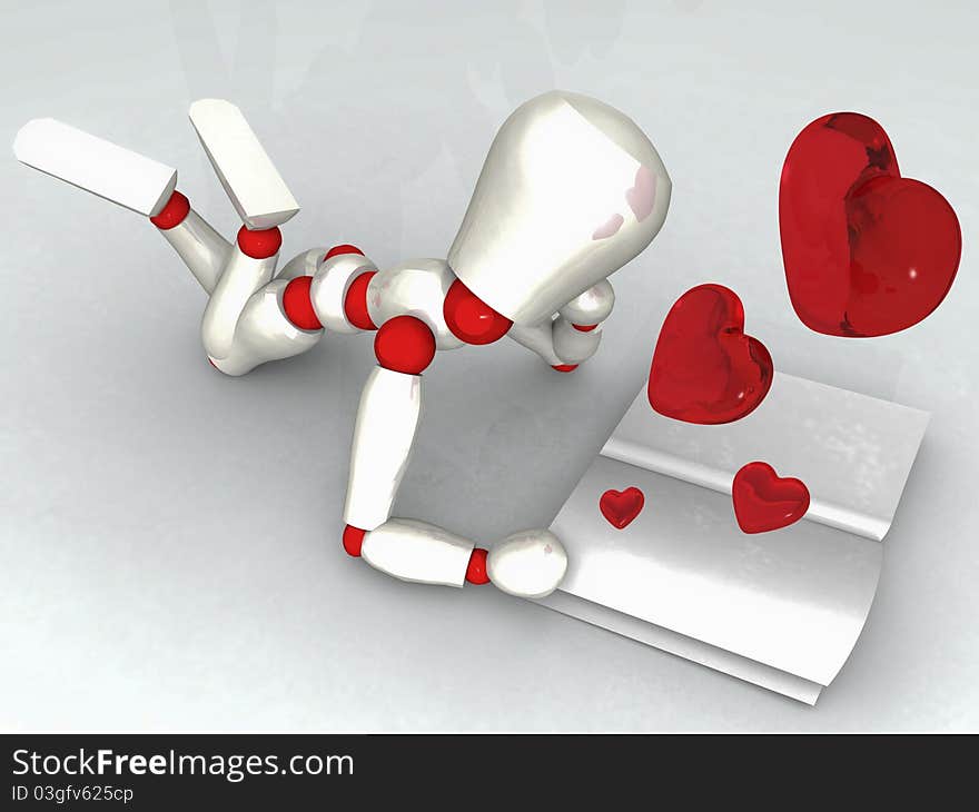 Illustration of mannequin of lying white color reading a book around with red hearts. Illustration of mannequin of lying white color reading a book around with red hearts