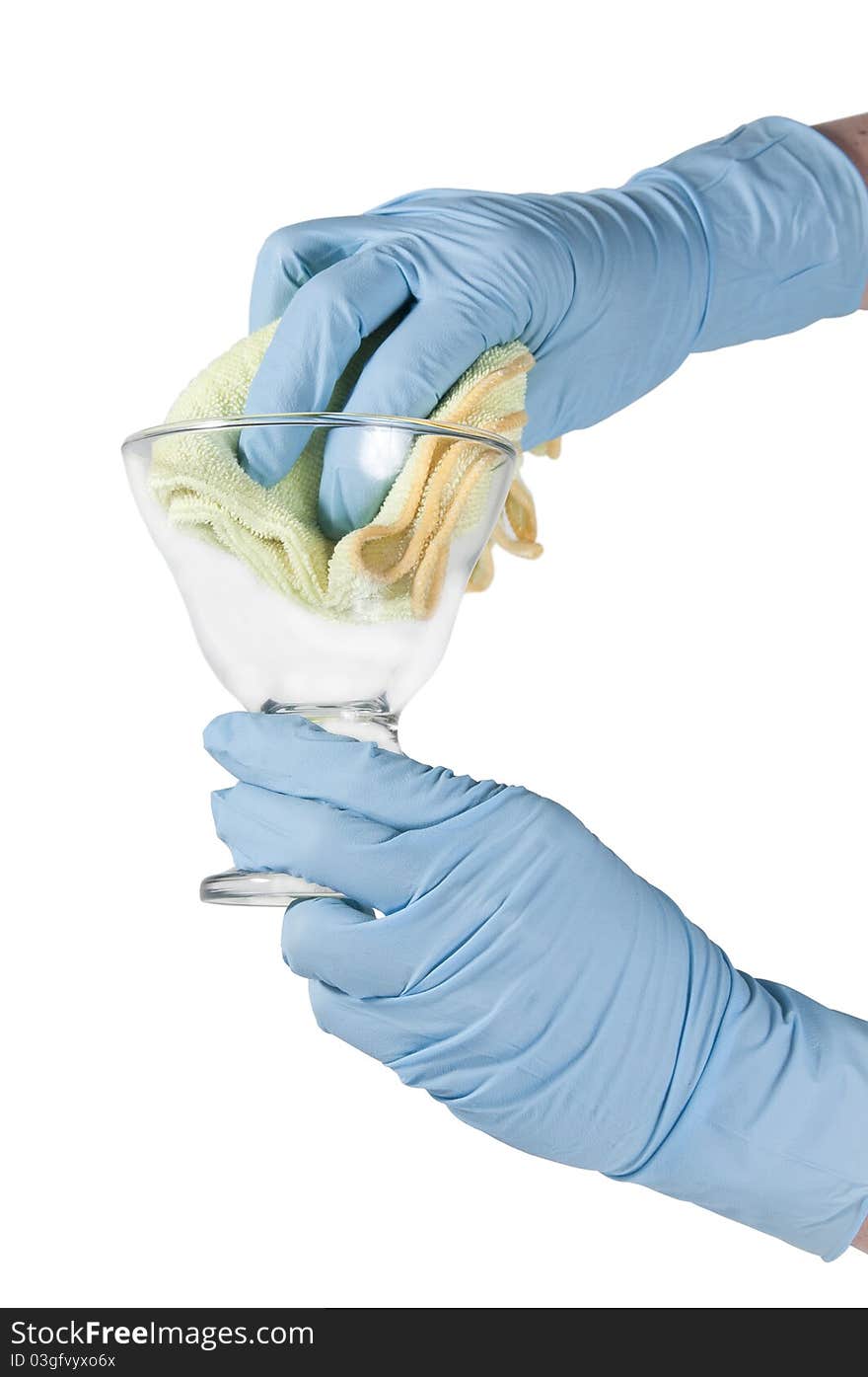 Hands with gloves cleaning with a cloth a glass. Hands with gloves cleaning with a cloth a glass