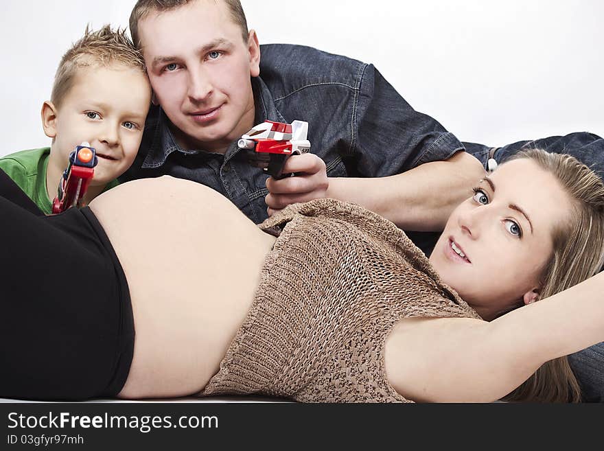 Dad and son as a bodyguards for pregnant mum. Dad and son as a bodyguards for pregnant mum