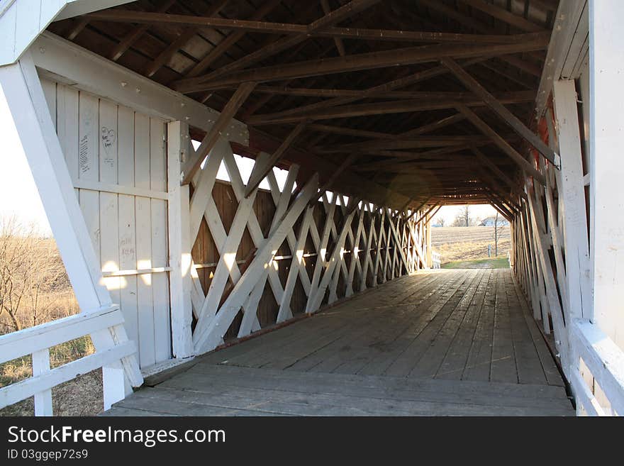 An artistic shot inside of a covered bridge in Madison County, Iowa.