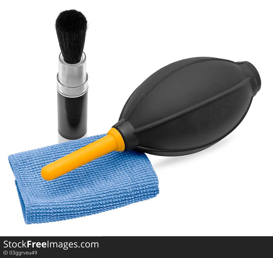 Lens cleaner accessories isolated on a white background