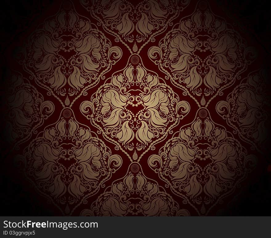 Abstract fantasy red and golden background with floral ornate. Abstract fantasy red and golden background with floral ornate