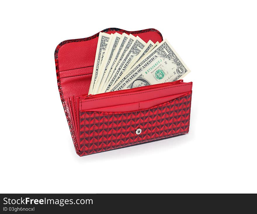 Few one dollar notes inside red open change purse. Isolated on white with clipping path. Few one dollar notes inside red open change purse. Isolated on white with clipping path