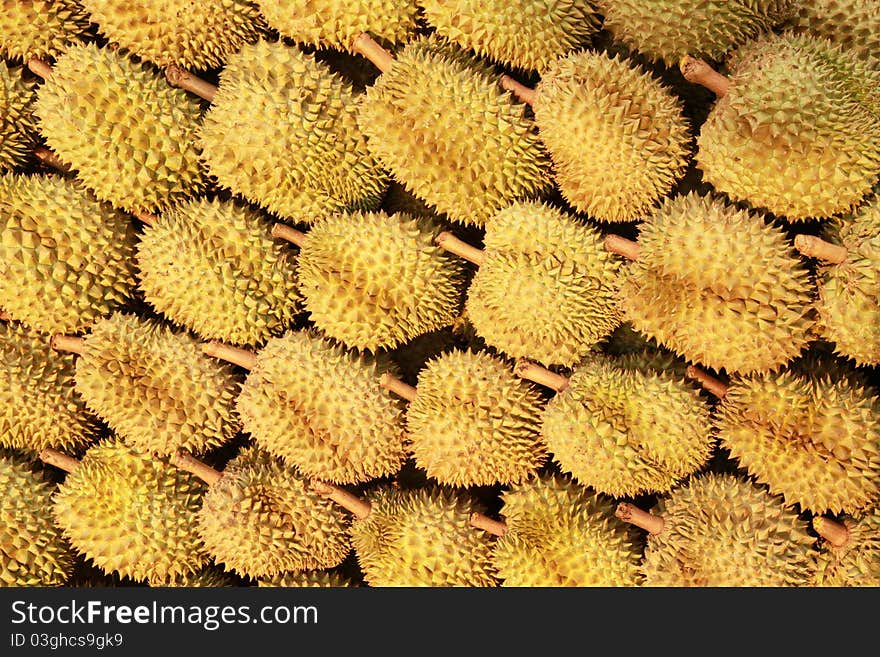 Durian , king of fruit at a market stall.