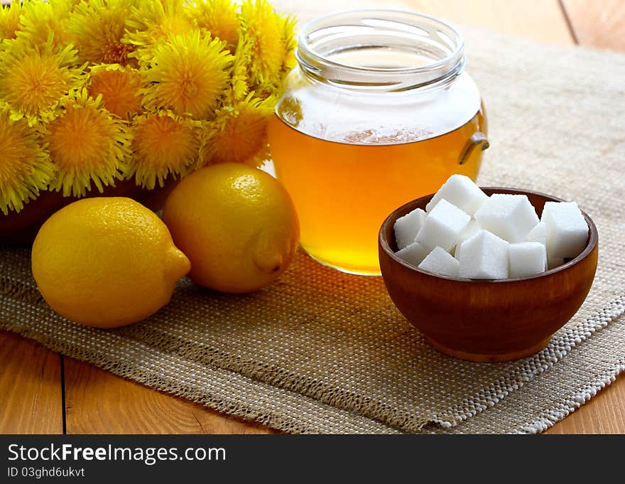 Jam of dandelion (dandelion honey) and components for it`s preparation. Jam of dandelion (dandelion honey) and components for it`s preparation.