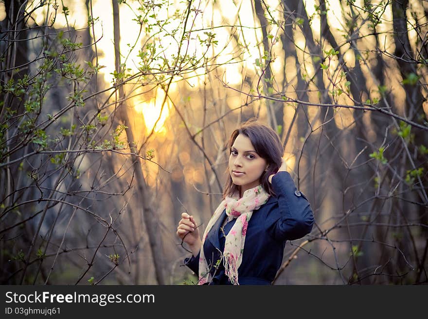 Girl in backlit at sunset, portraite