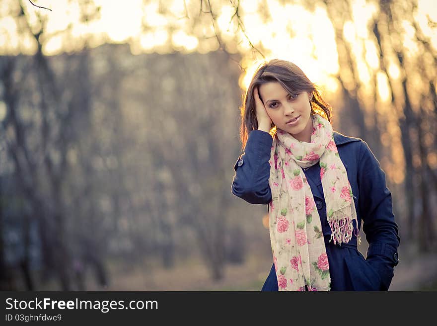 Girl in backlit at sunset, portraite