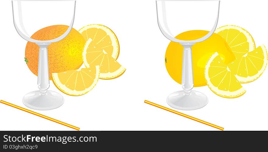 Glasses and pieces of lemon and orange