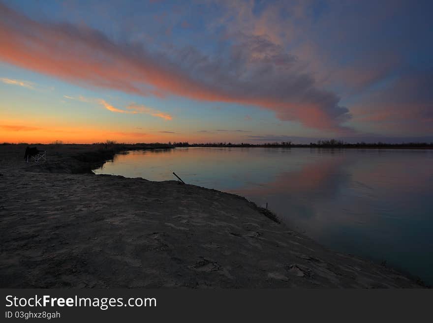 Sunset panorama on the river