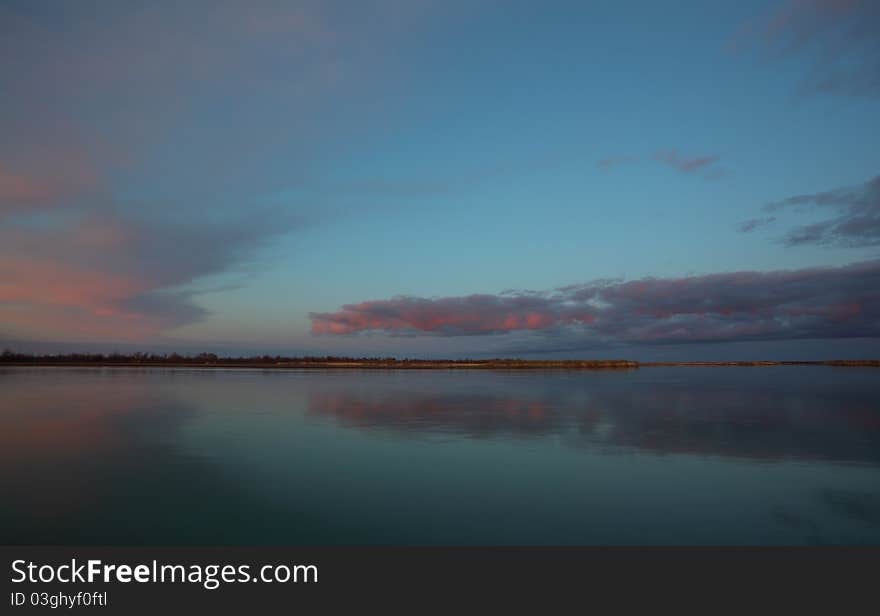 Sunset panorama on the river