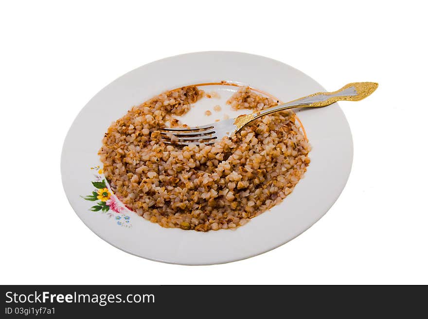 Plug with a bowl in which the prepared buckwheat lies(isolated). Plug with a bowl in which the prepared buckwheat lies(isolated)