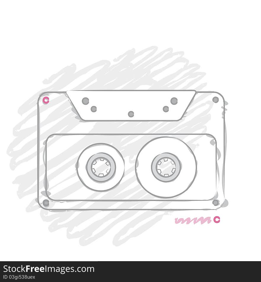 Illustration with a stylized gray compact cassette on grunge background