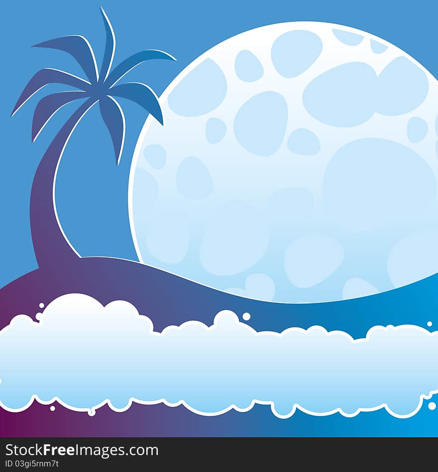 Illustration of tropical night with a palm, moon and sea foam