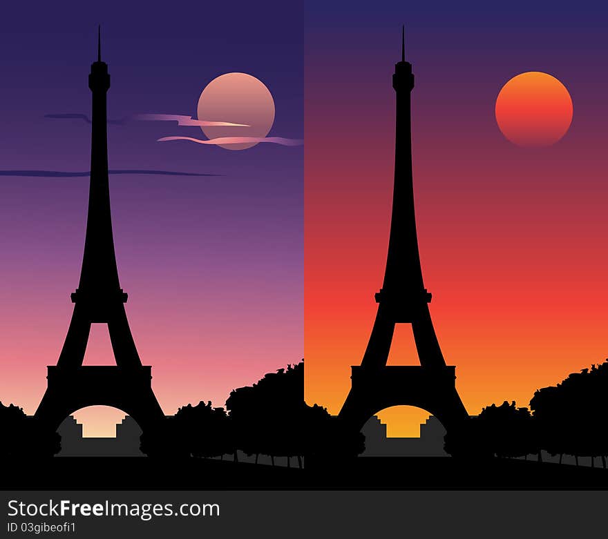 Eiffel Tower at sunset, under a full moon. Eiffel Tower at sunset, under a full moon