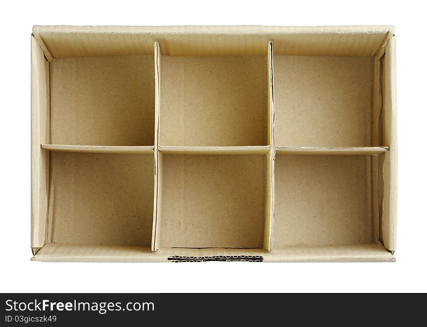 The empty paper box with free spaces in top view an image isolated on white. The empty paper box with free spaces in top view an image isolated on white