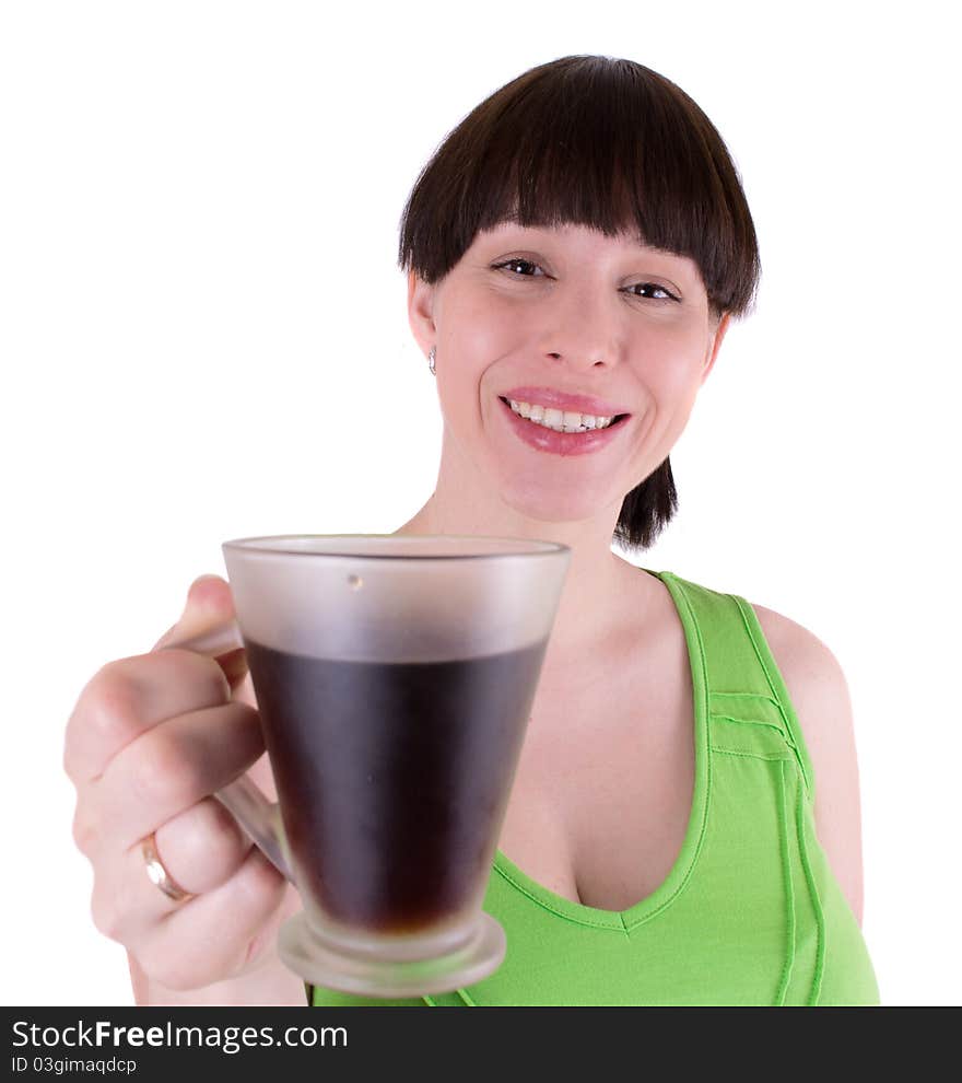 The Young Woman Drinks Coffee