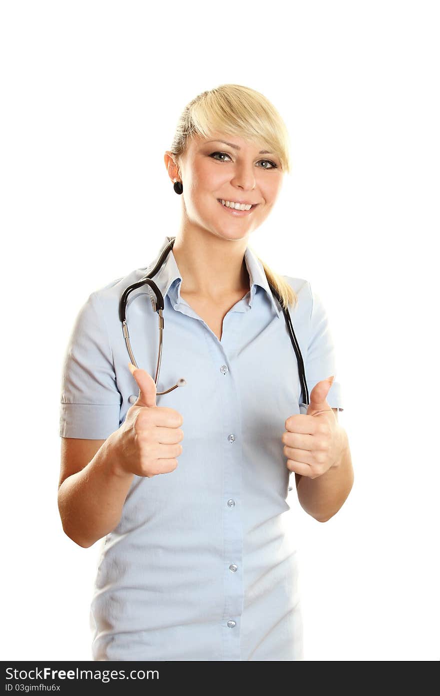 Isolated portrait of a beautiful caucasian doctor with thumbs up. Isolated portrait of a beautiful caucasian doctor with thumbs up