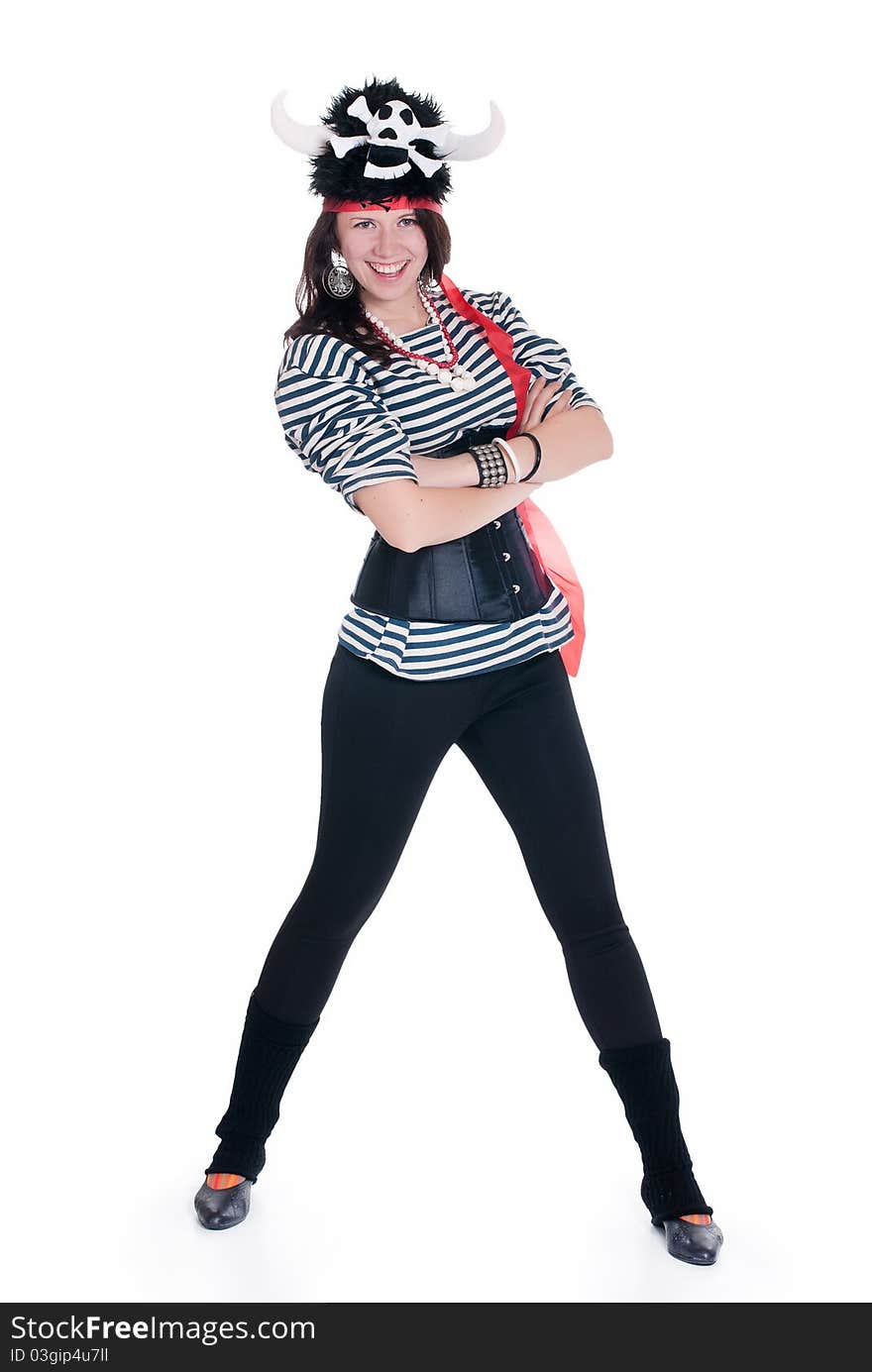 Full-length portrait of Attractive woman in a pirate costume and hat