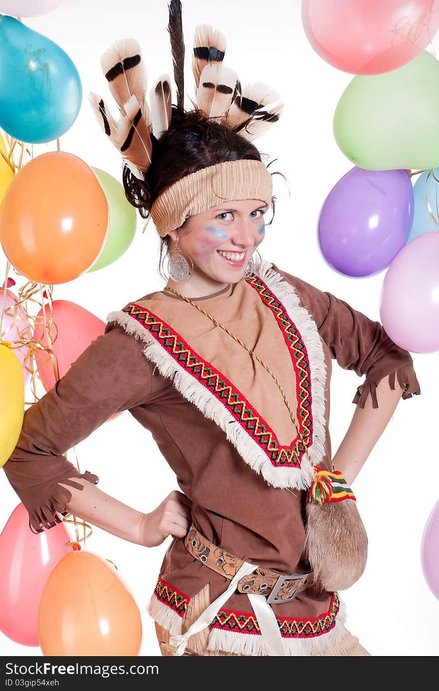 Portrait of a girl dressed as an Injun on a white studio background. Portrait of a girl dressed as an Injun on a white studio background