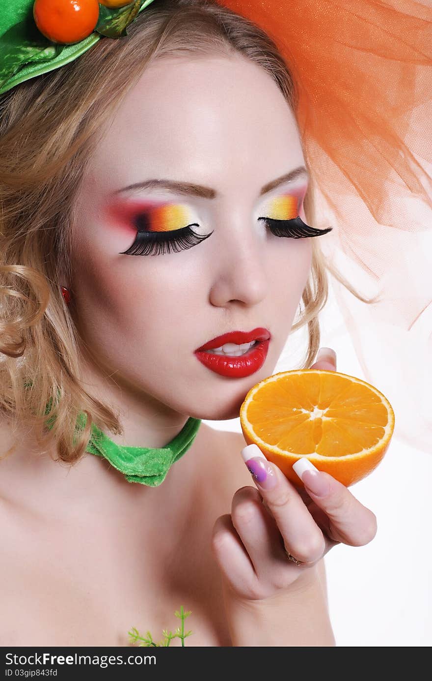 Portrait of a girl with fashion makeup on white background. Portrait of a girl with fashion makeup on white background