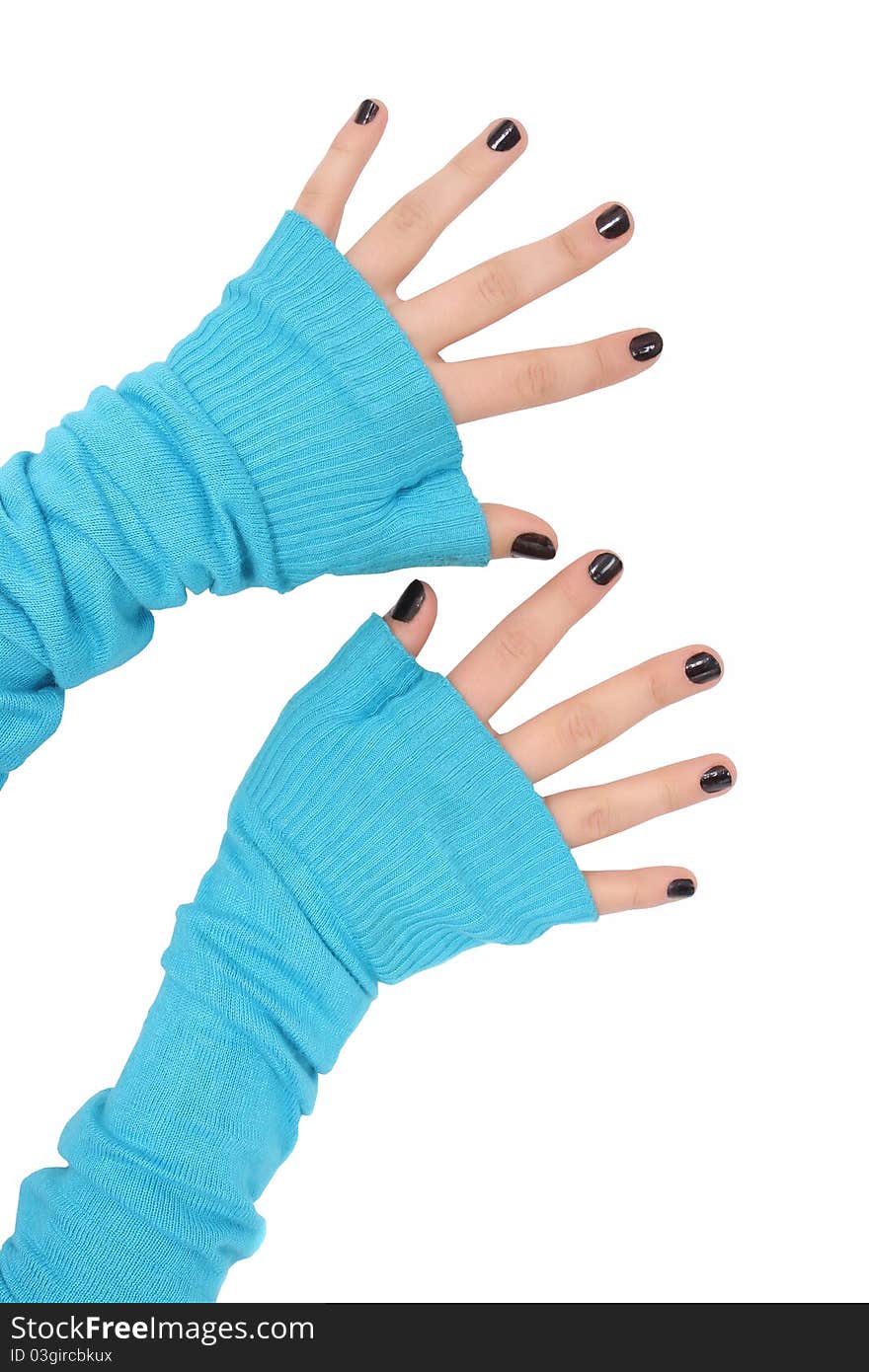 A woman's nails are black and blue sleeves