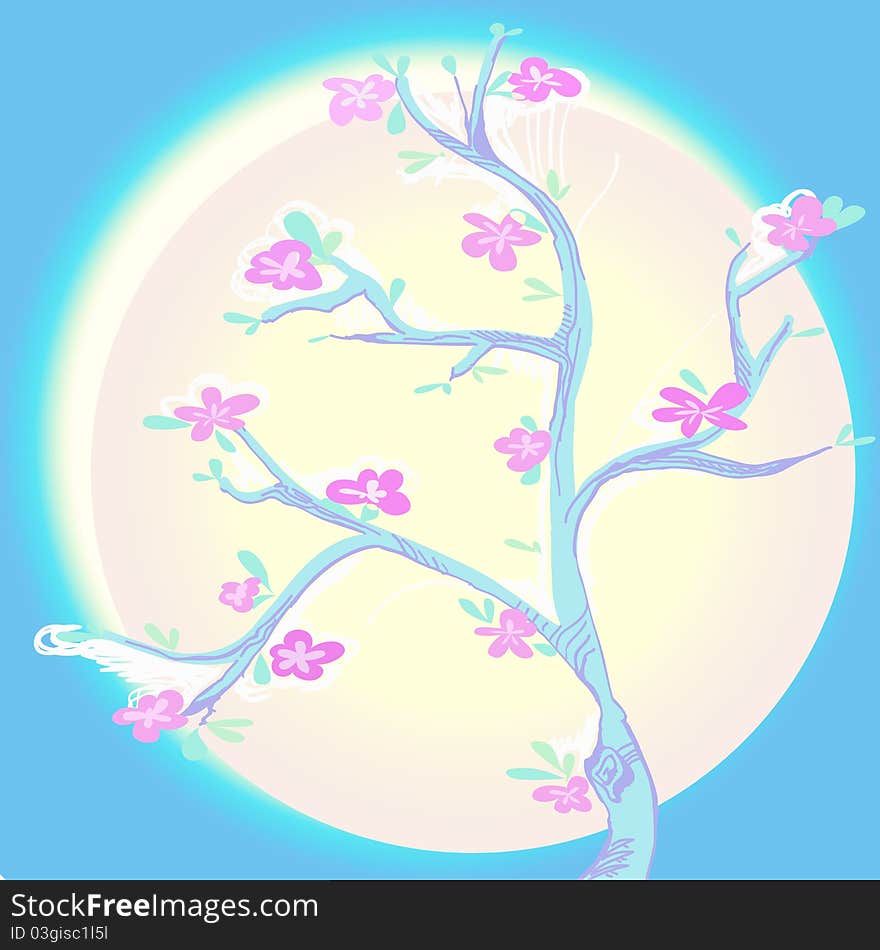 Flower branch blue with sun background